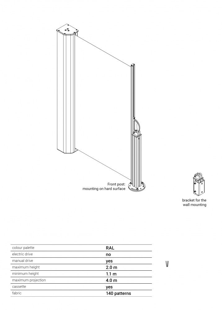 Levegg - Sidemarkise - Høyde 120 cm - Velg mellom 150 dukfarger